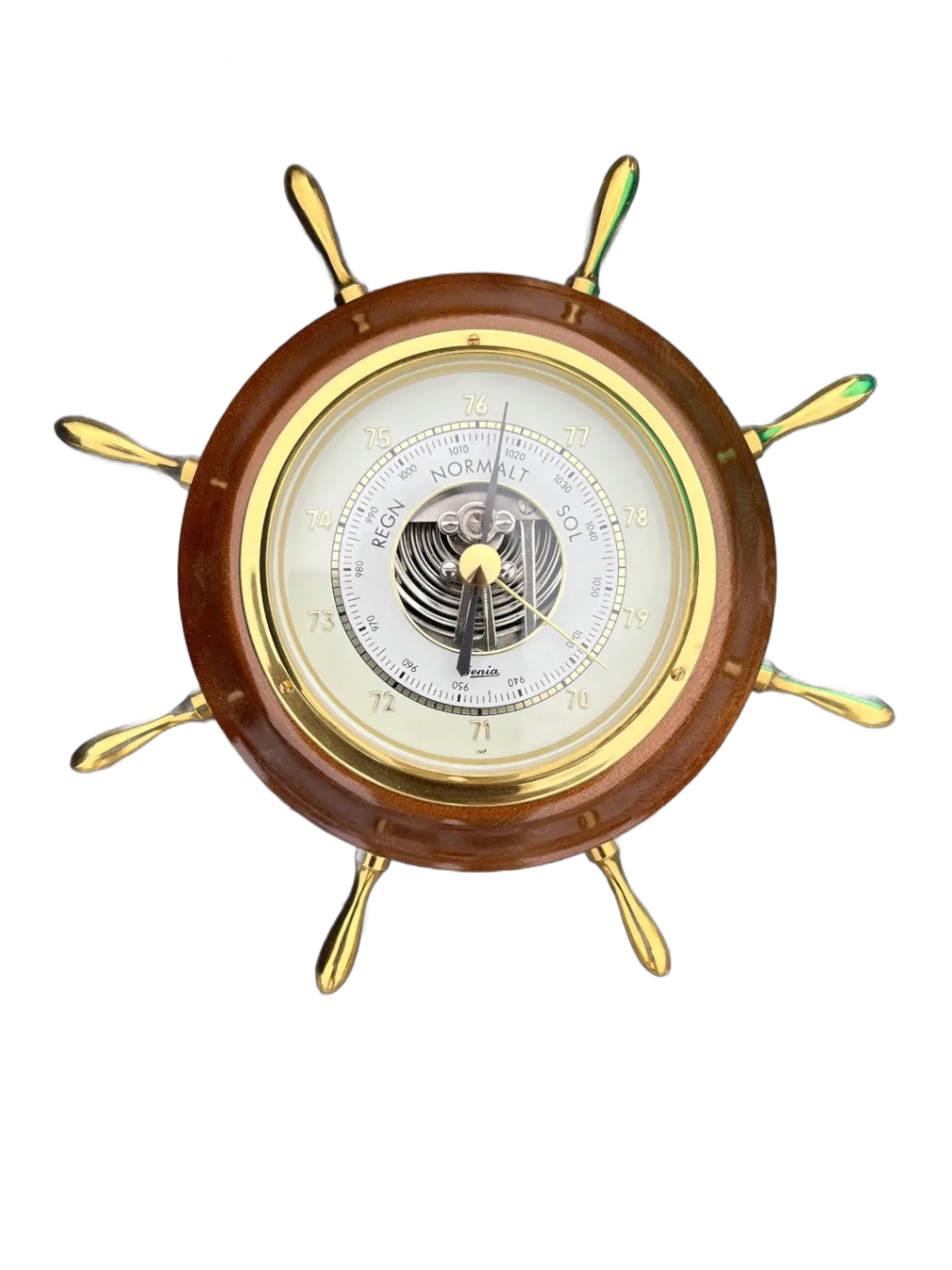 Barometer i skeppsratt-design, trä och mässingsdetaljer