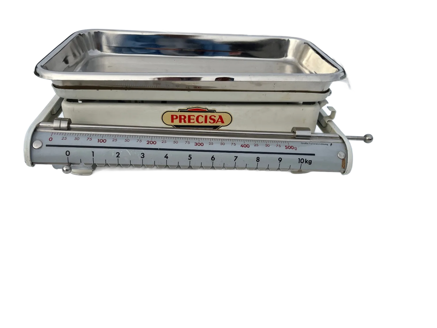 Vintage mekanisk våg, märke Precisa, med rostfri vågskål, 10 kg kapacitet.